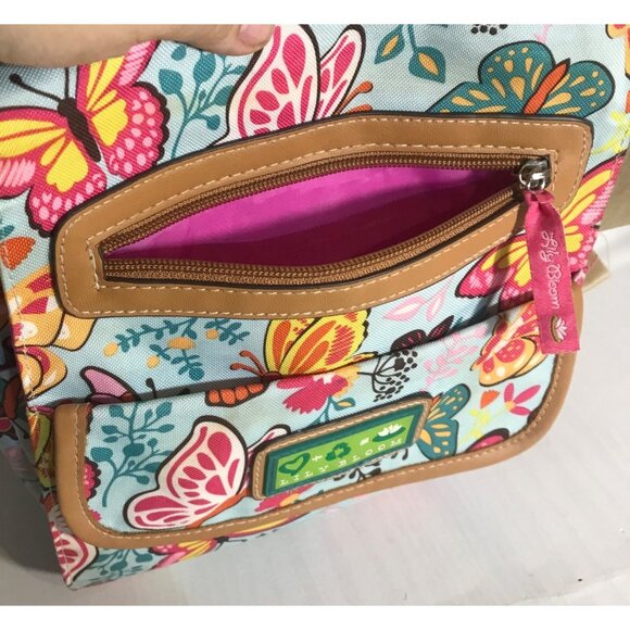 Lily Bloom Butterfly Print Crossbody Bag Tan Trim Pink Lining Pockets 10" x 9" - Picture 4 of 16